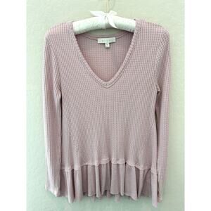 ANTHROPOLOGIE | Lavender Purple Waffle V-Neck Long Sleeve Distressed Top | XS
